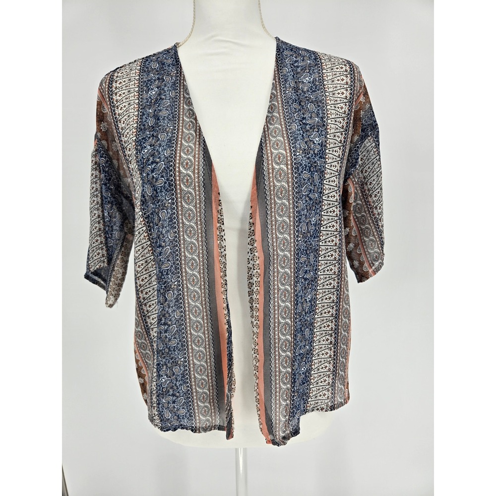 Full Tilt Womens XL Blue Orange Paisley Floral Stripe Open Front Kimono Cardigan